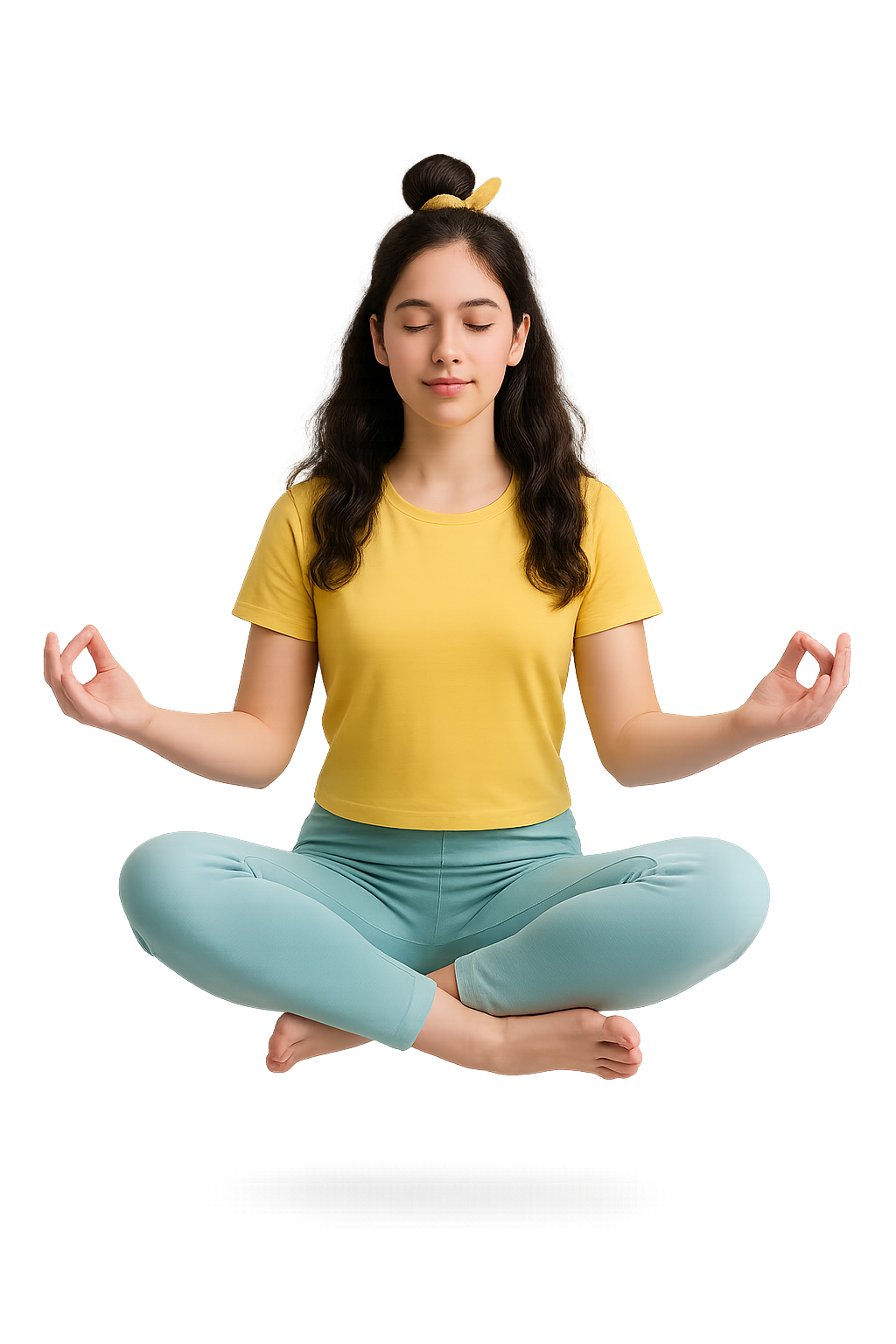 Woman practicing yoga meditation in lotus position, demonstrating mindfulness and wellness journey
